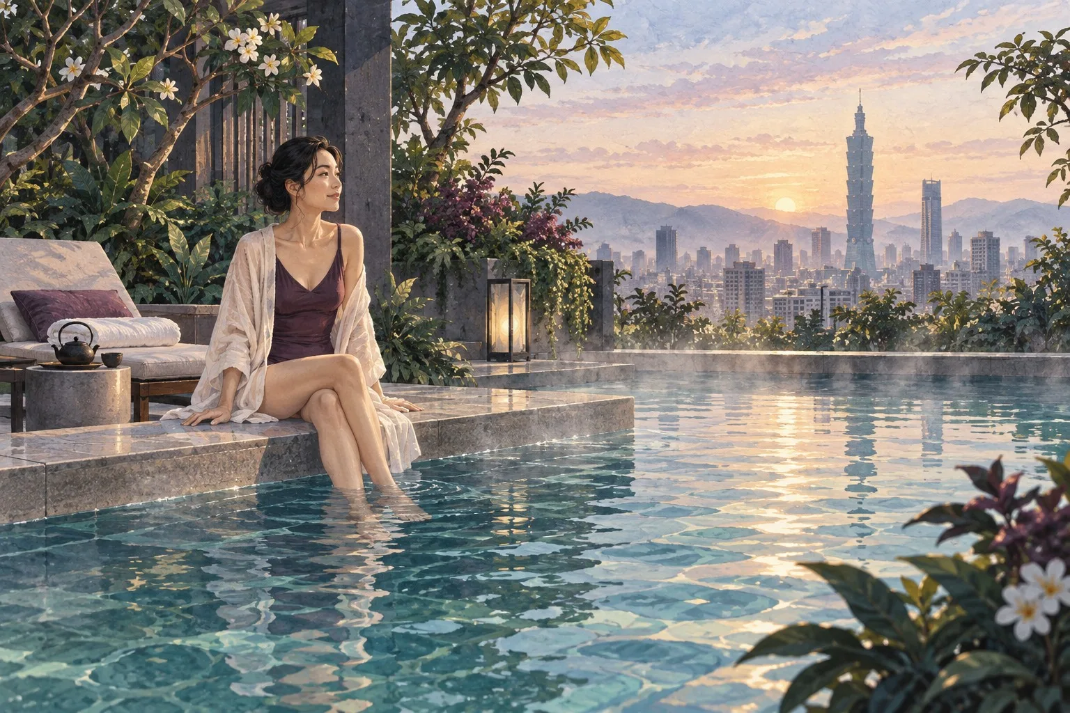 台北の高級ホテルで開場直後の温水プールを一人で楽しむ情景イラスト
