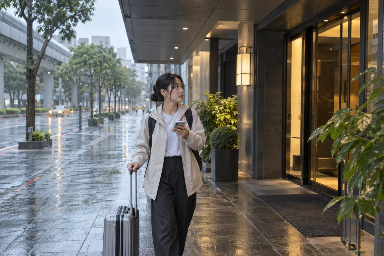 雨の日に駅からホテルへ向かう