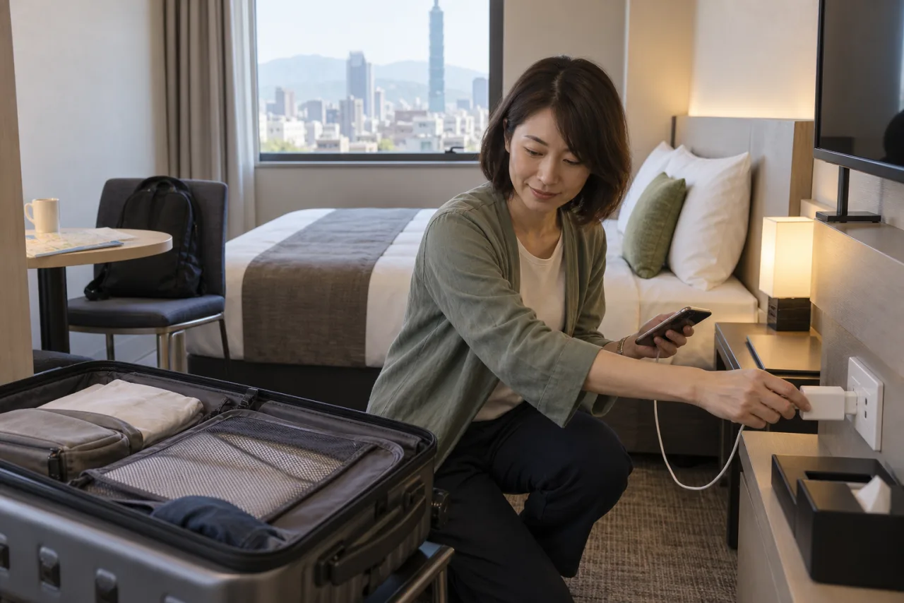 台北のホテル客室で荷物と充電を整える一人旅
