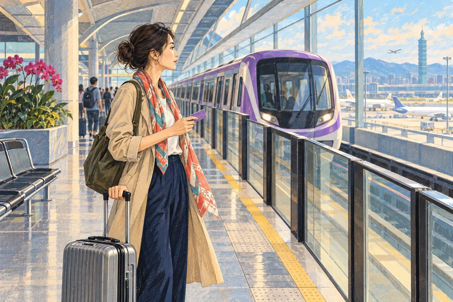 桃園空港から台北へ向かう列車を待つ一人旅の情景イラスト