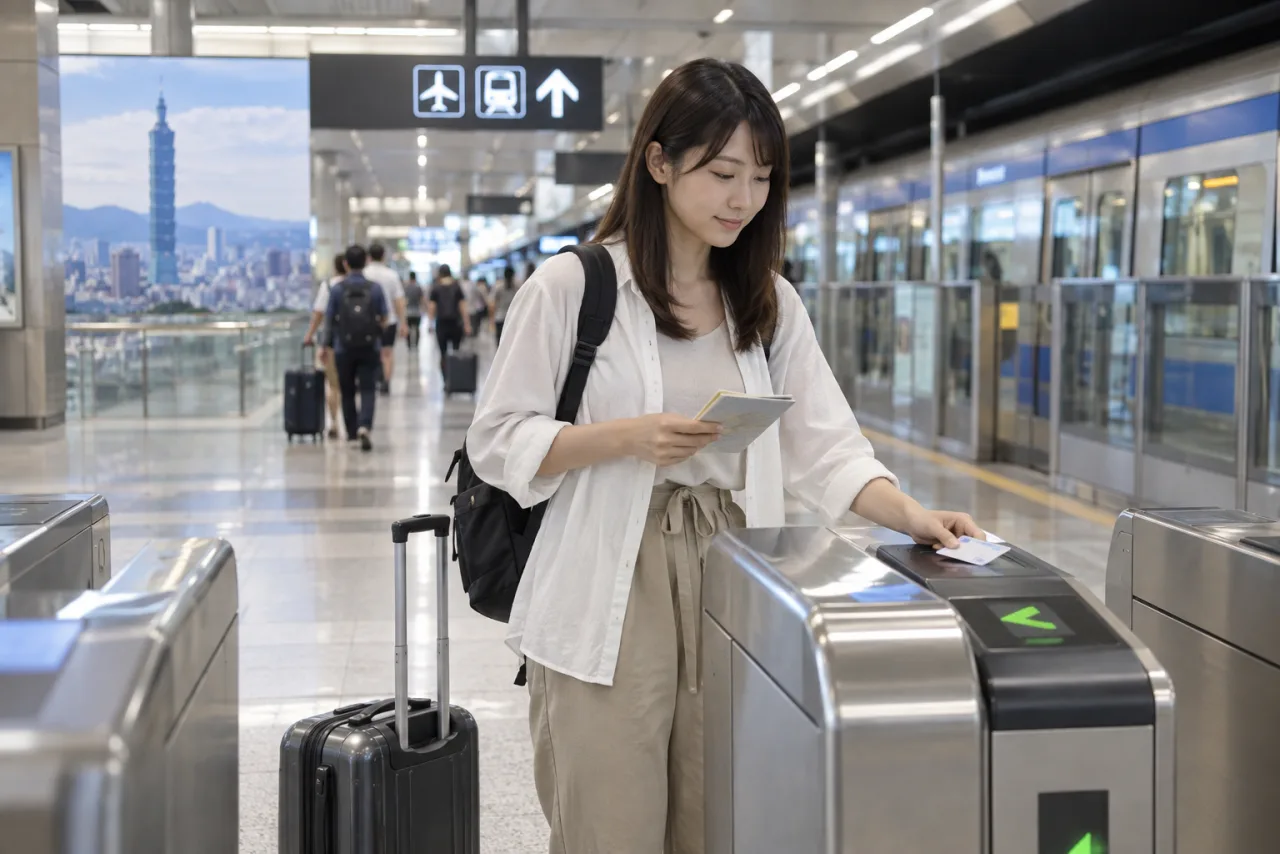 桃園空港MRTで交通カードをタッチする一人旅
