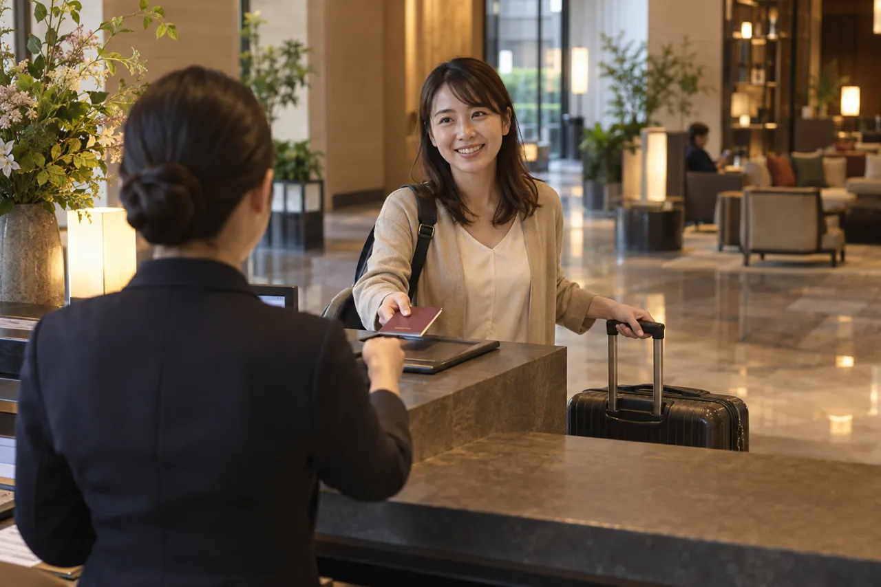 台湾のホテルでチェックインする一人旅