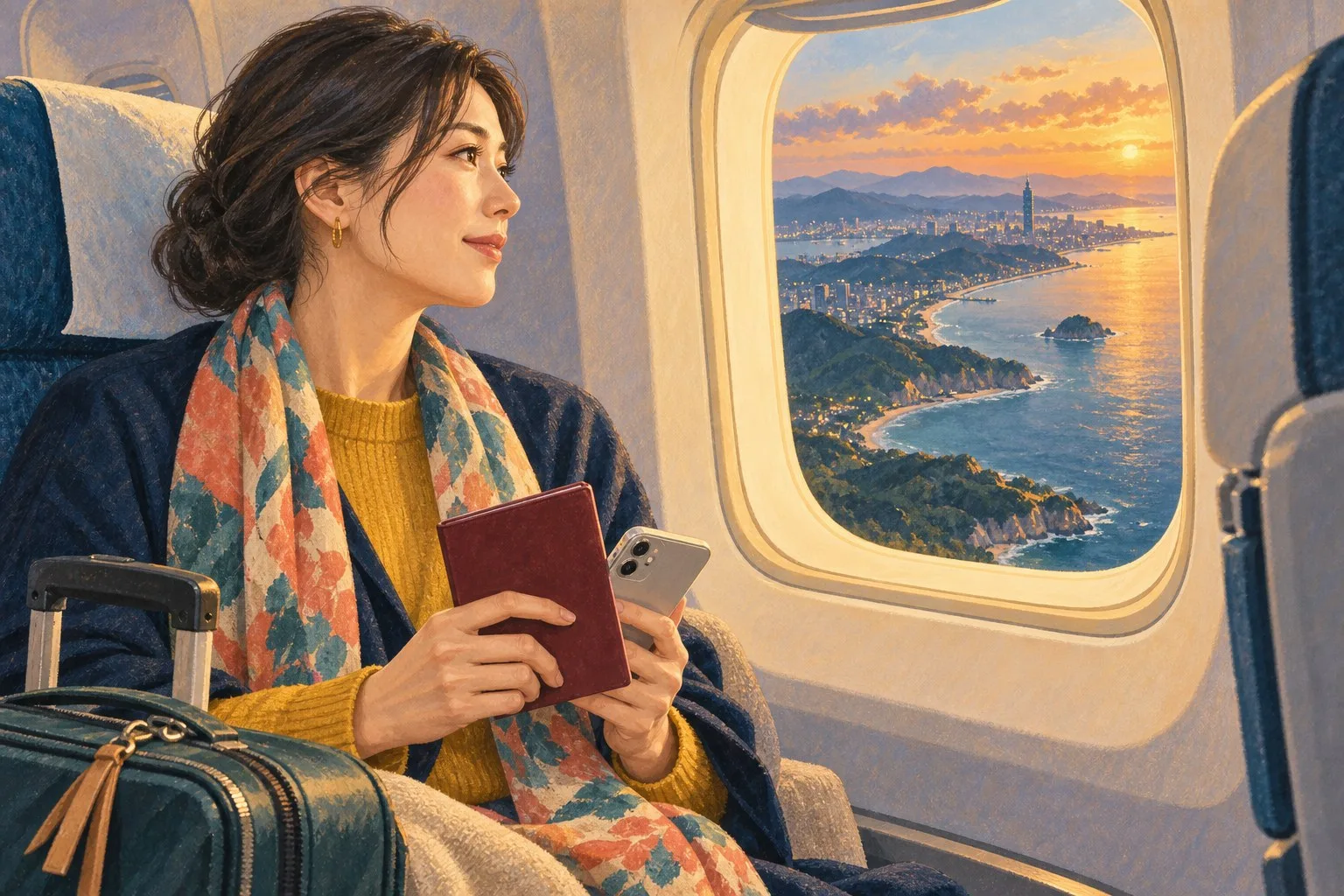 台湾へ着陸する前にパスポートとスマートフォンを確認する一人旅の情景イラスト