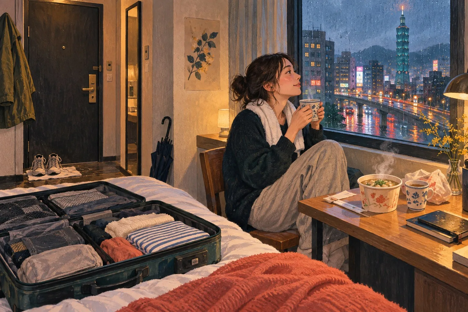 雨の台北でホテルに戻り温かい食事と茶で休む一人旅の情景イラスト