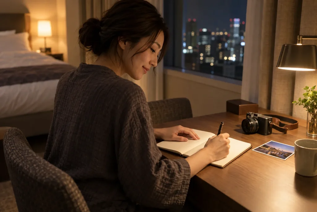 旅の夜に記録を残すイメージ