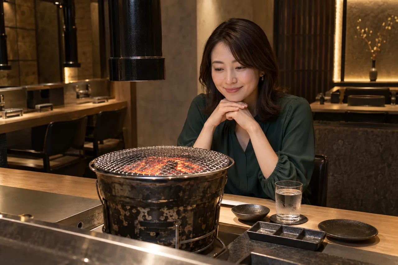 ほぼ無人の焼肉店で一人、炭火を見つめて料理を待つ女性の場面イメージ
