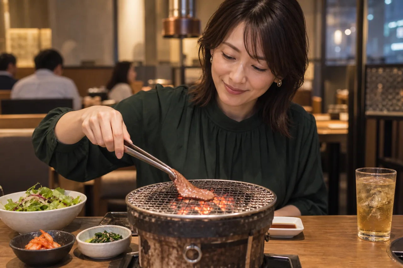 炭火で肉を一枚ずつ焼きながら一人焼肉を楽しむ女性の場面イメージ