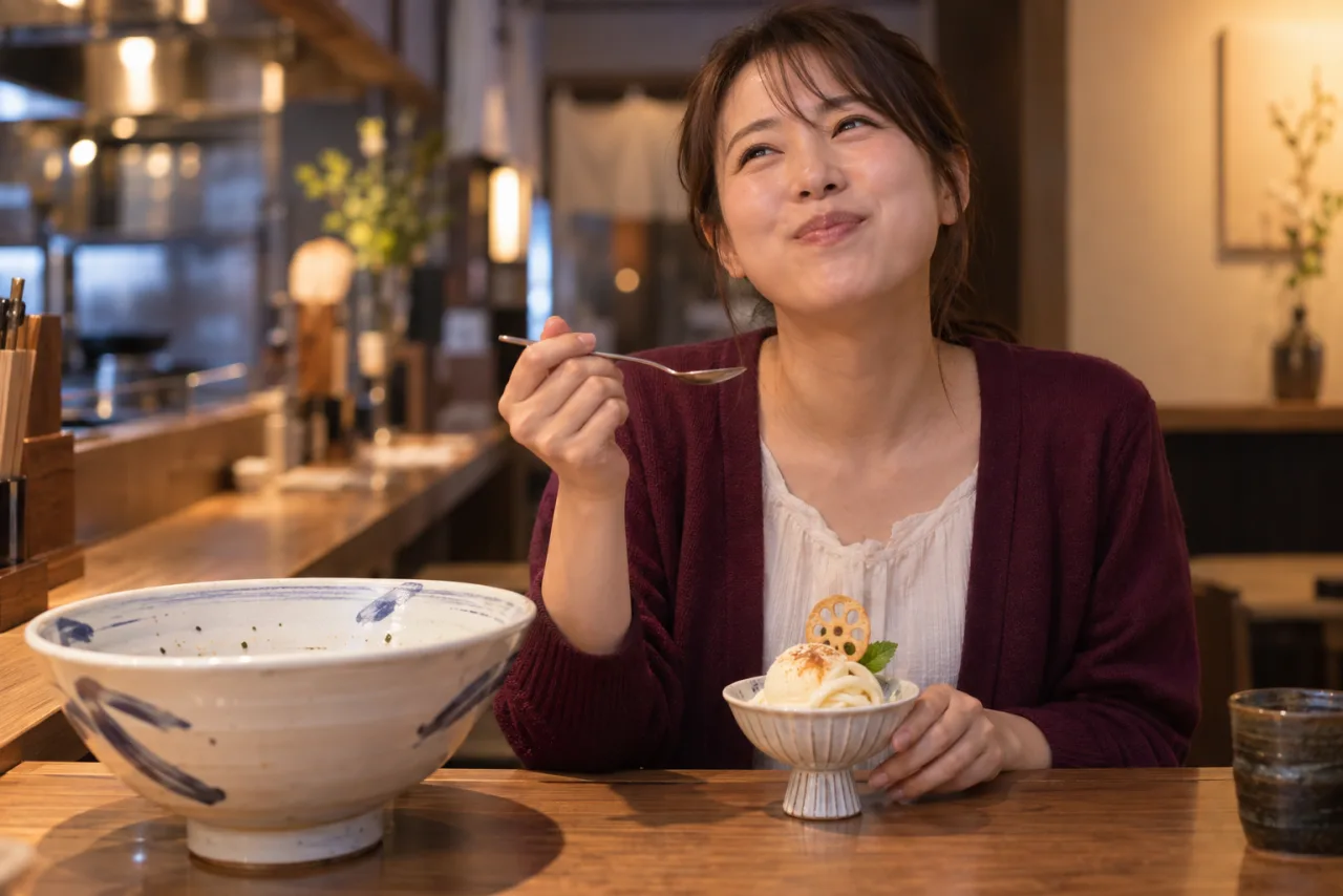 大きなうどんを食べ終え、アイスクリームを味わう女性の場面イメージ