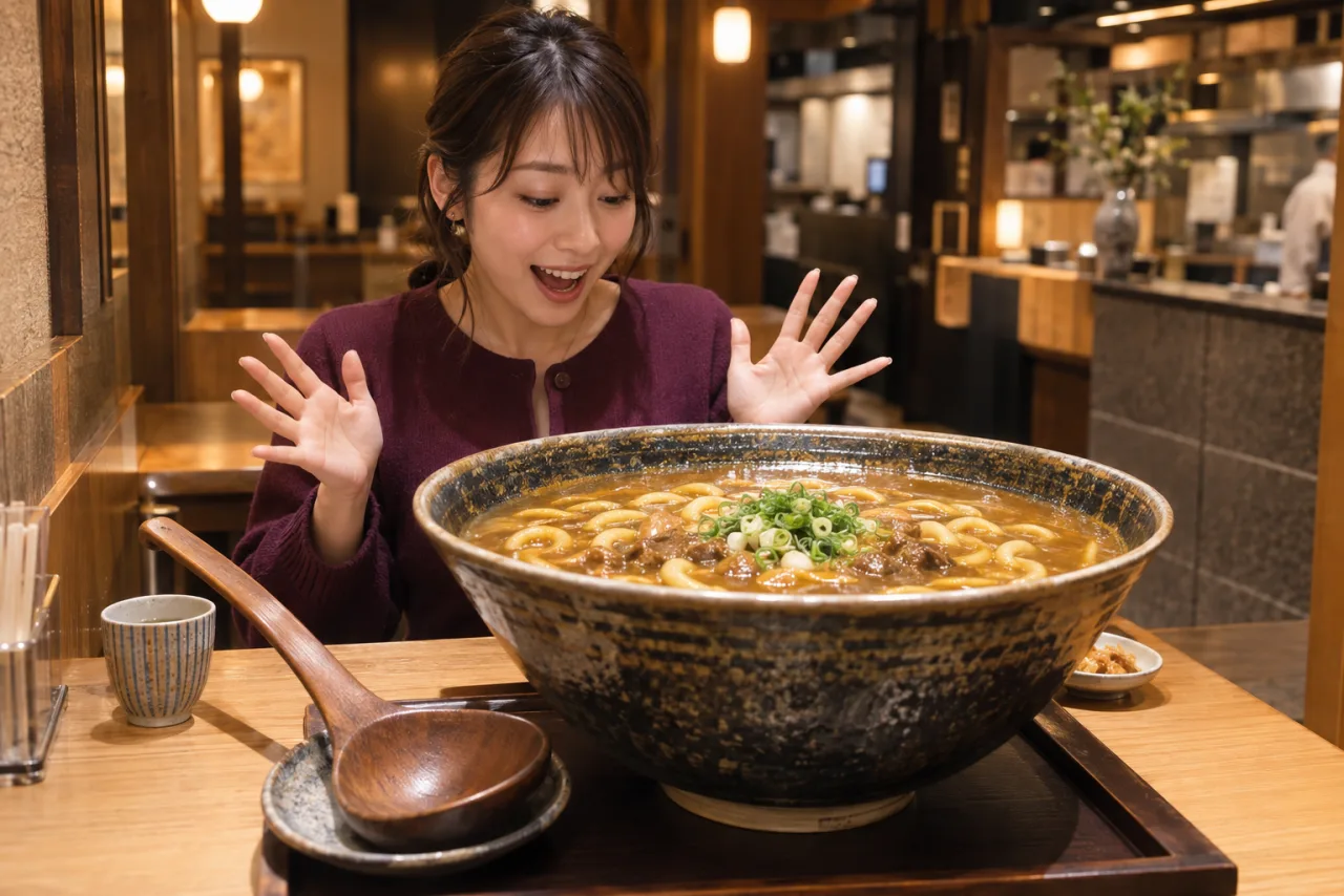 大きなカレーうどんの器とレンゲを前に驚く一人客の場面イメージ