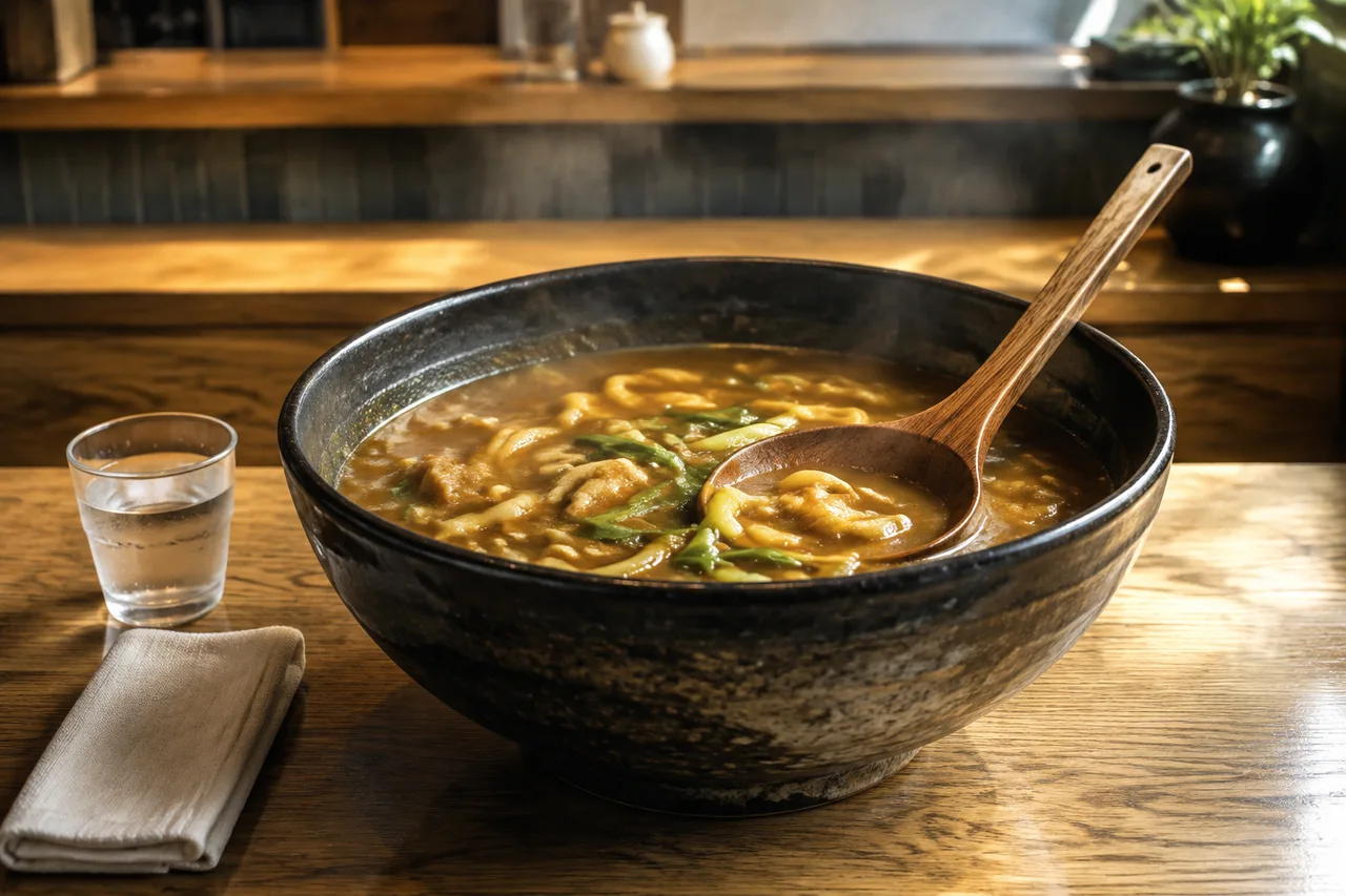 大きな黒い器に入ったカレーうどんと木製の大きなれんげ