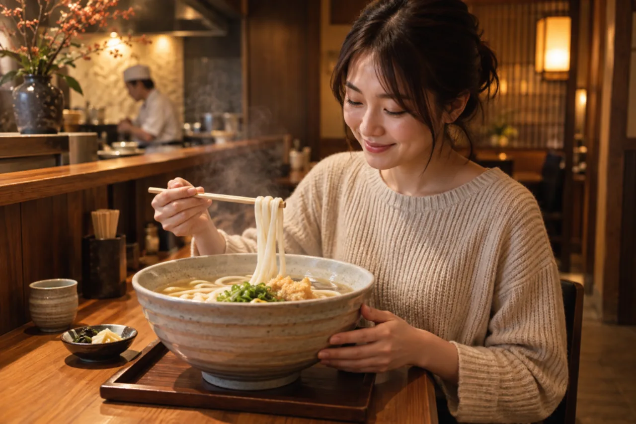 湯気の立つ大きなうどんをカウンターで味わう