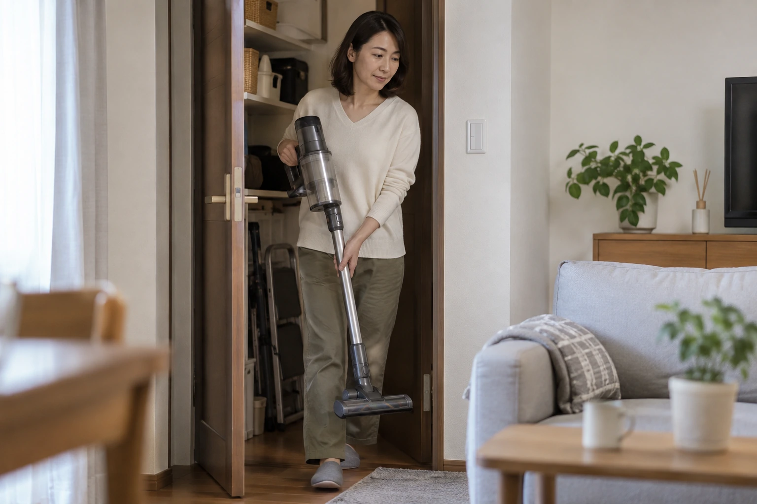 掃除機を部屋の中で運ぶ女性