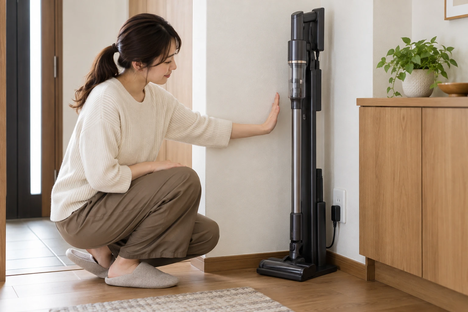 掃除機を収納場所へ置く女性