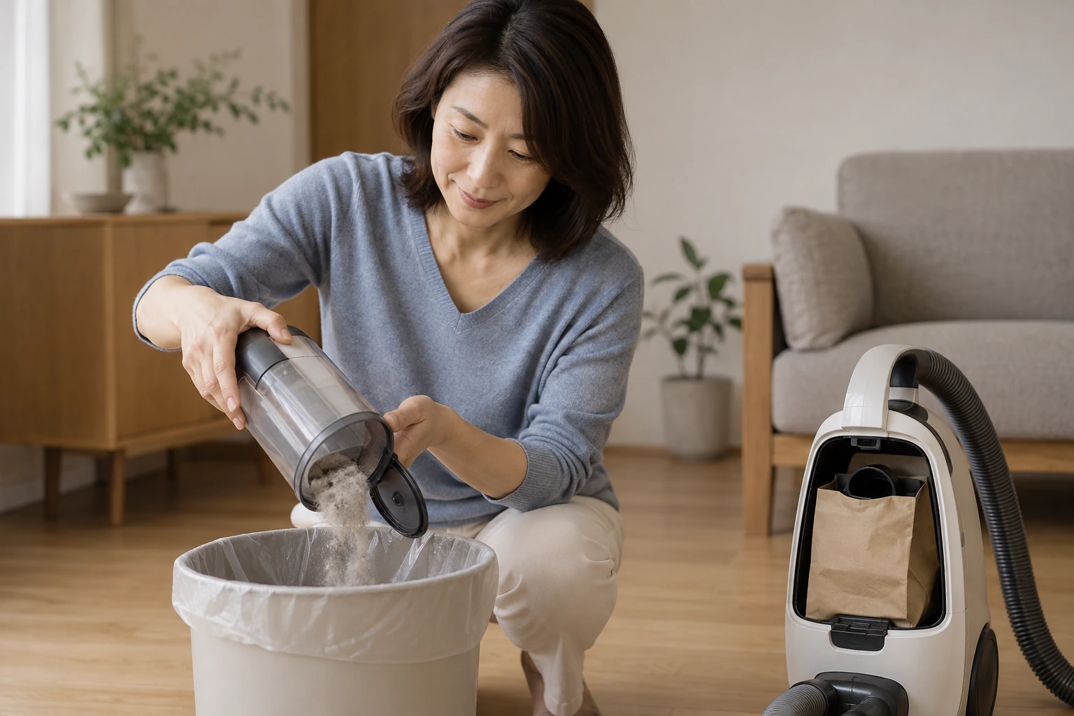 掃除機のごみを捨てる女性