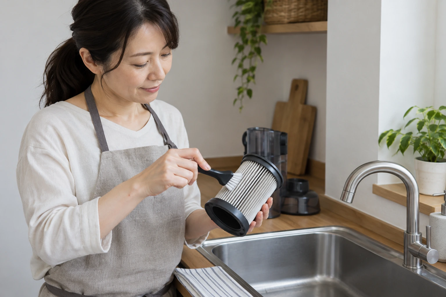 掃除機のフィルターを手入れする女性