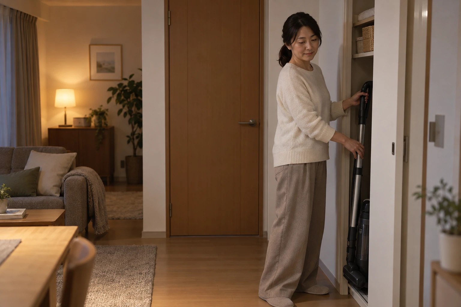 掃除機をしまって部屋を整える女性