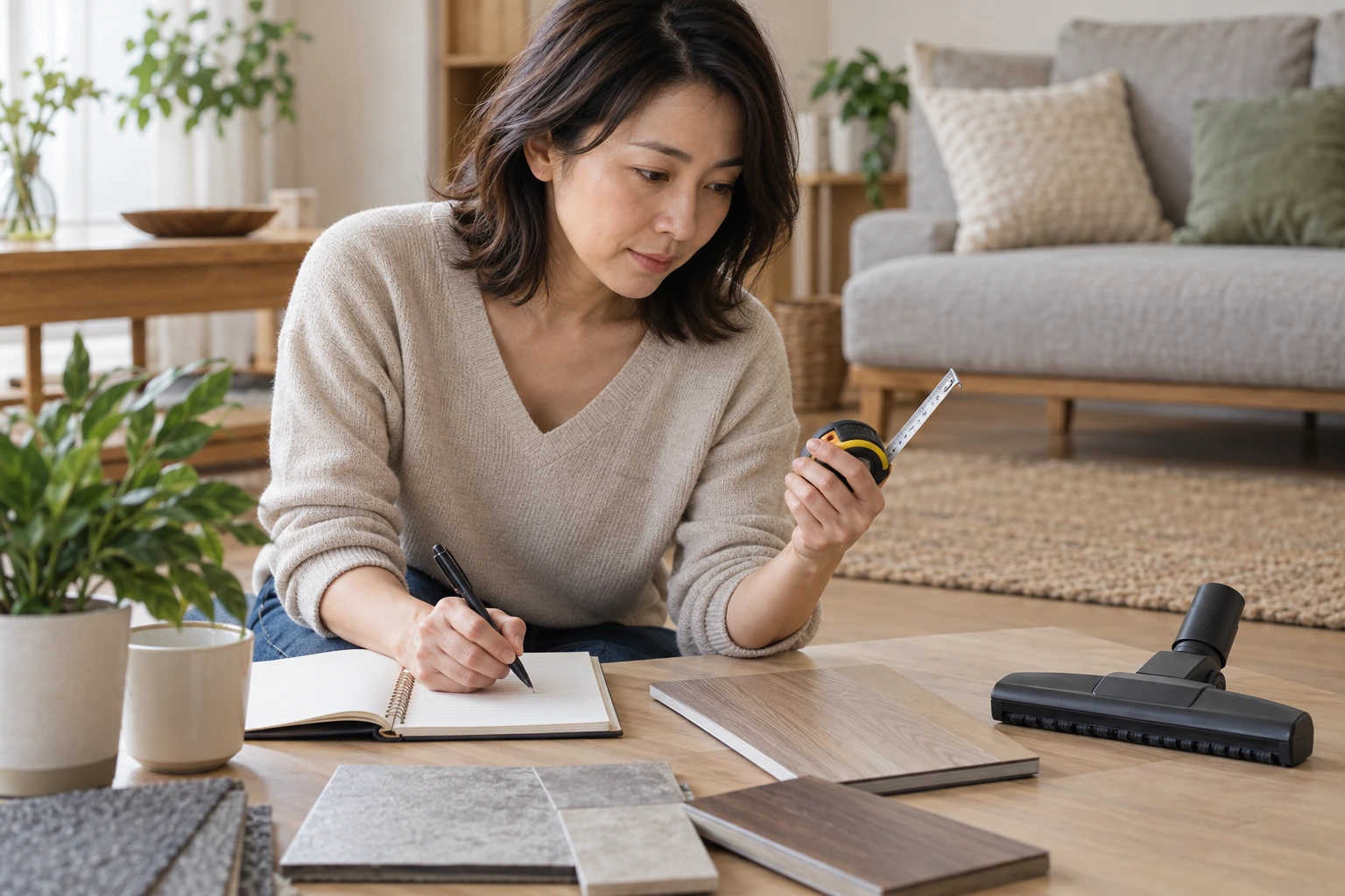 掃除機を選ぶ条件をノートに書く女性
