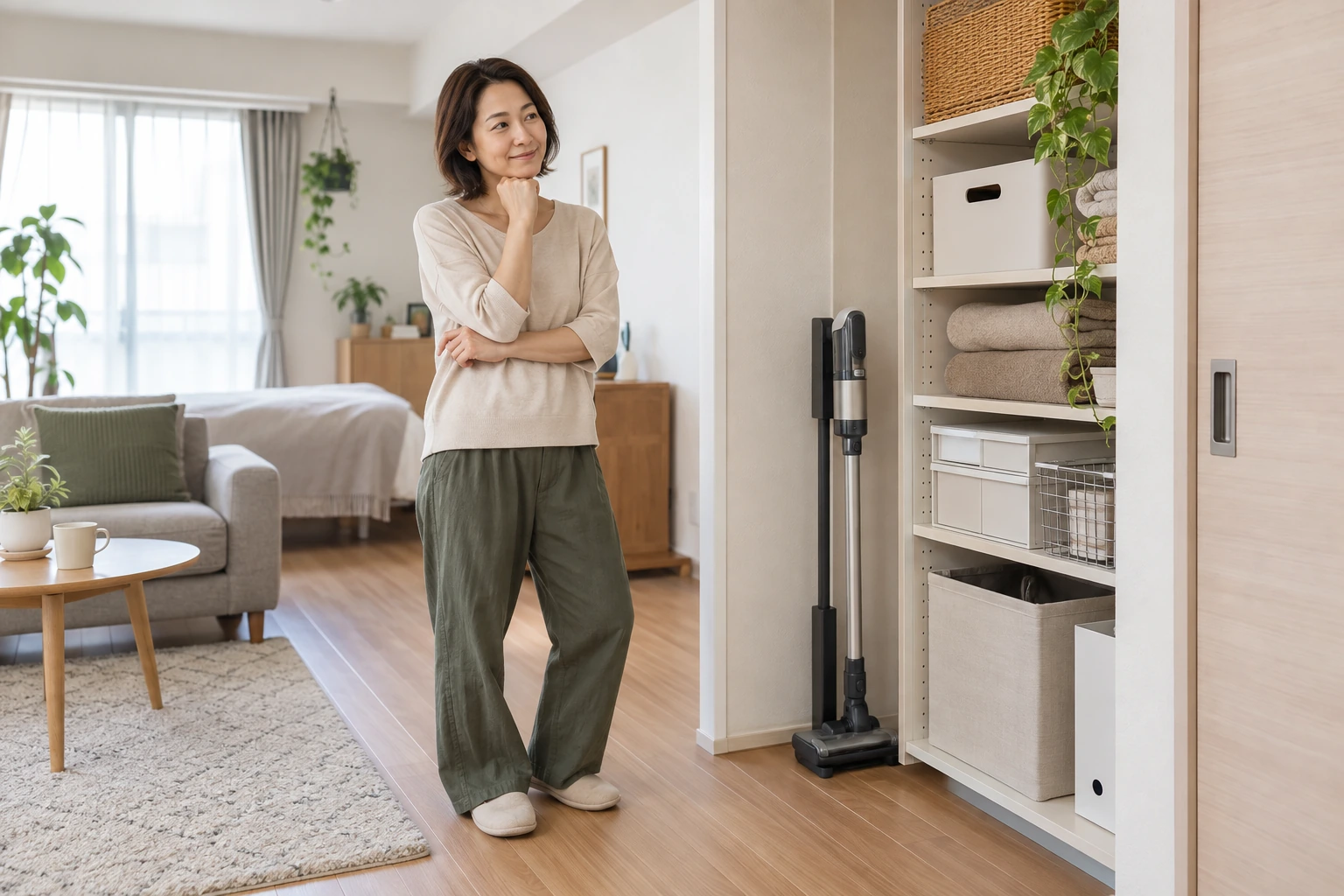 掃除機と収納場所を見比べる女性