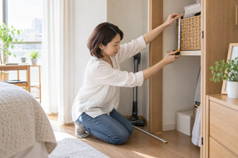 一人暮らしの部屋で掃除機の収納場所を考える女性