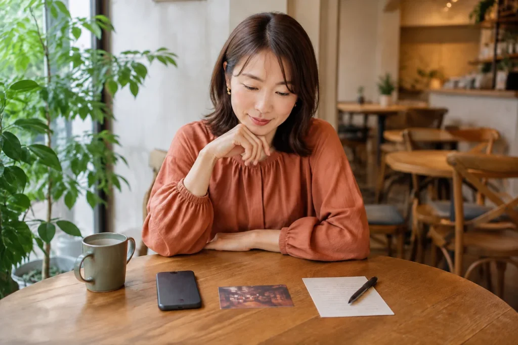 カフェでスマートフォンと案内カードを前に出会い方を考える女性
