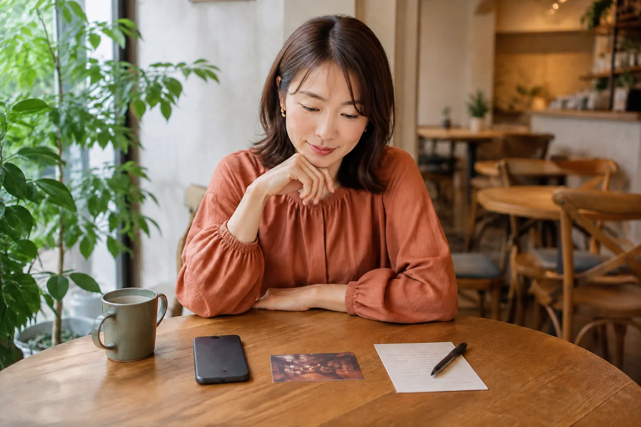 カフェでスマートフォンと案内カードを前に出会い方を考える女性