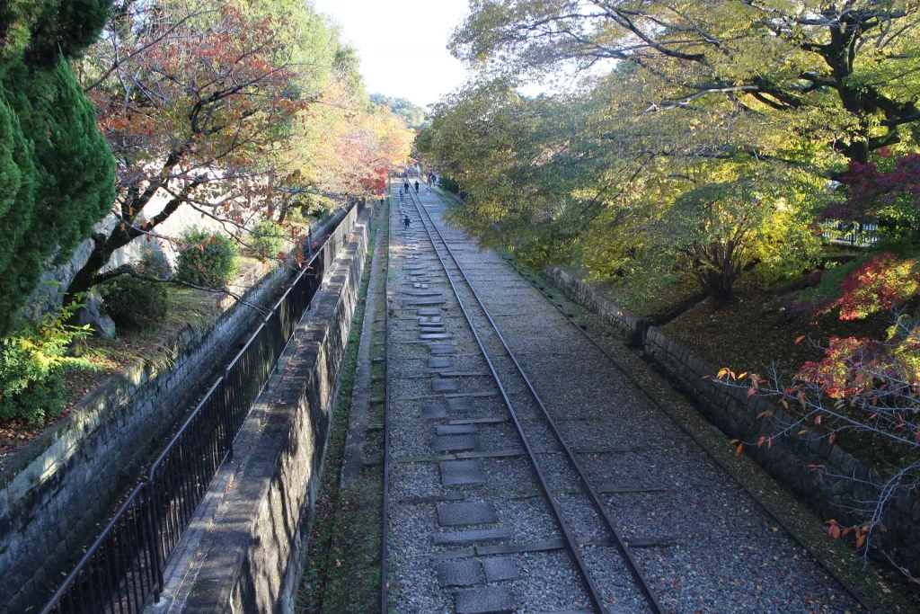 紅葉した木々の間をまっすぐ延びる蹴上インクラインの線路跡