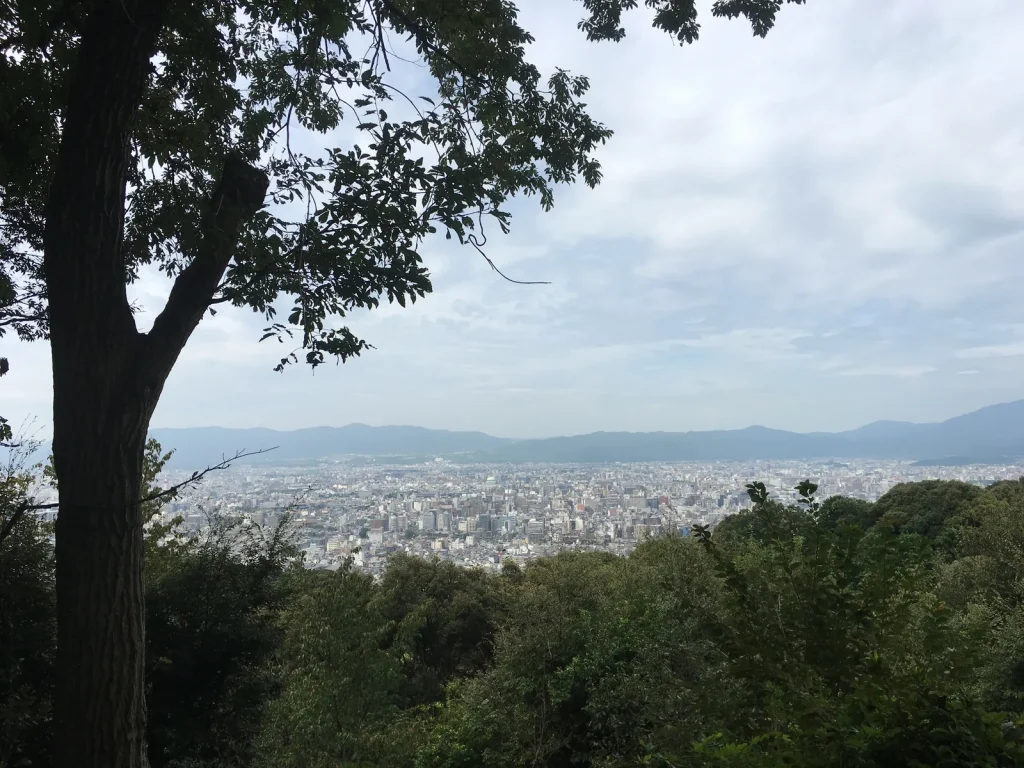 東山山頂公園の木々越しに西の京都市街を見渡す眺望