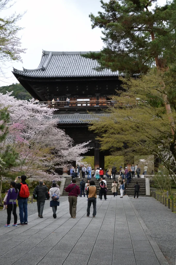 桜の季節に南禅寺三門へ向かう参道と石段