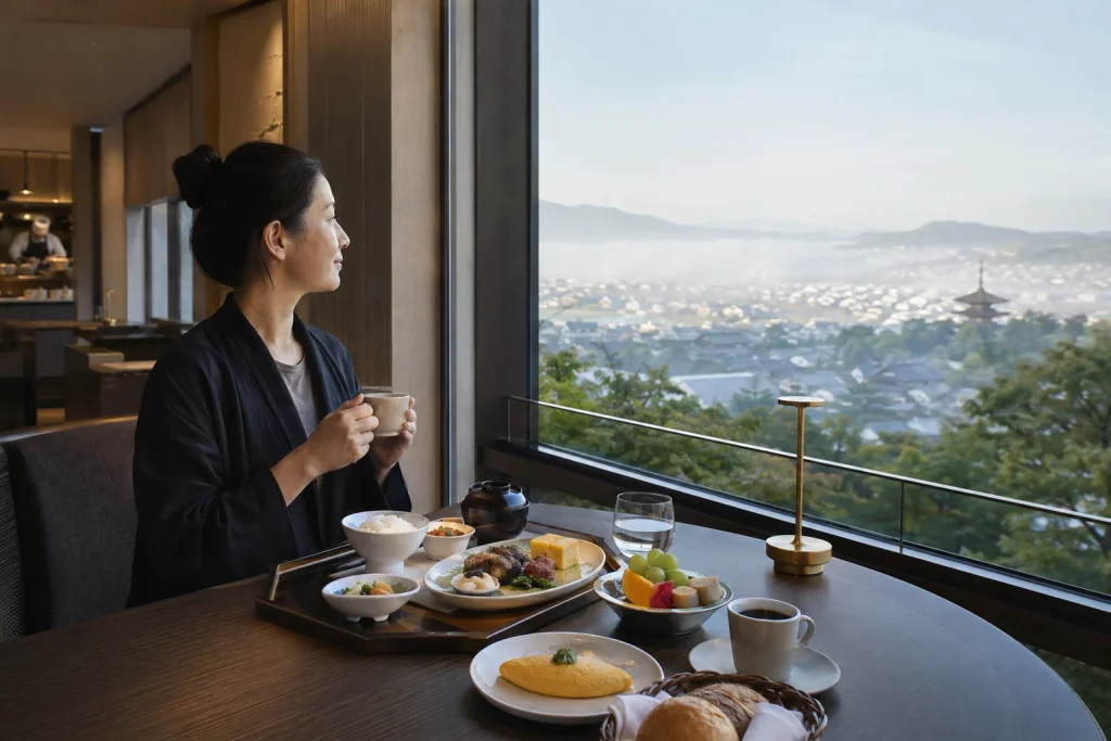 東山を望む架空の京都高級ホテルで一人分の和洋朝食を楽しむ場面