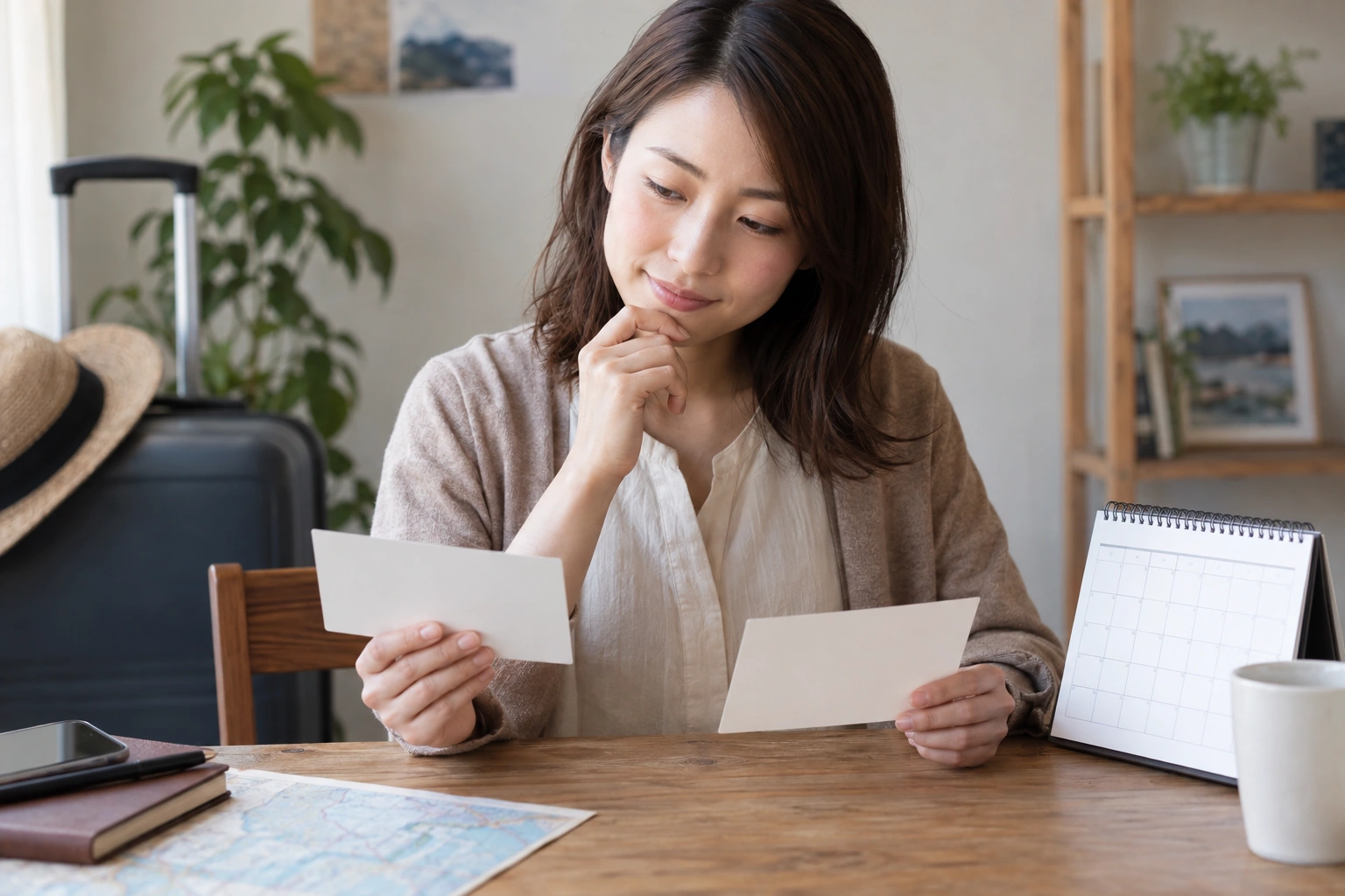 自宅でスーツケースと地図を見ながらひとり旅を計画する女性