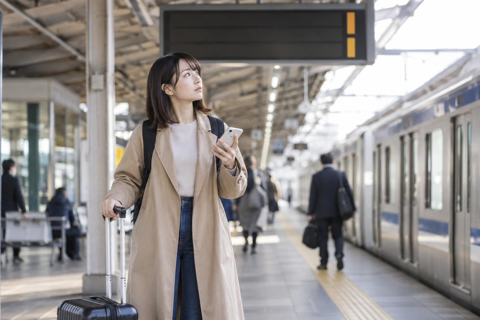 駅のホームでスーツケースとスマートフォンを持つ女性
