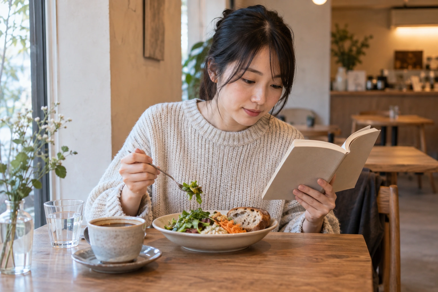 カフェで一人の食事と読書を楽しむ女性