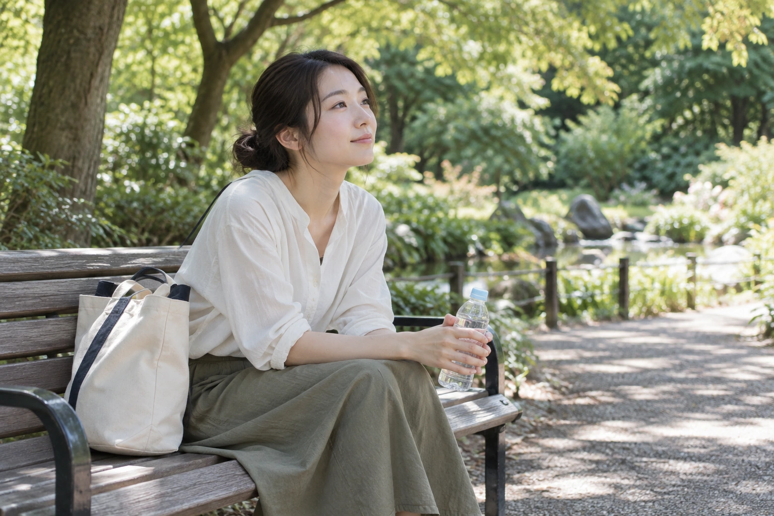 公園のベンチで水分を取りながら休む女性