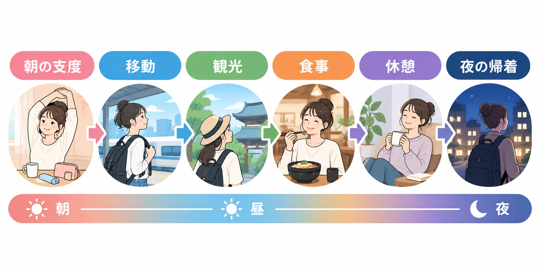 ひとり旅の朝から夜までの予定の流れを示す図解
