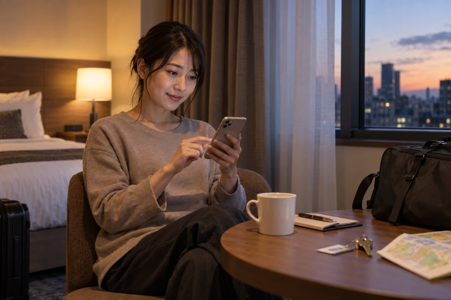 宿泊先の部屋で翌日の予定を確認する女性