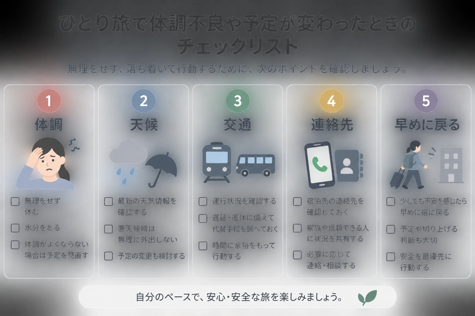 ひとり旅で体調不良や天候変更があったときの確認項目図解