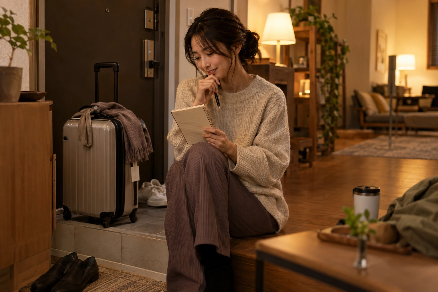 旅から帰宅してノートに気づきを書く女性