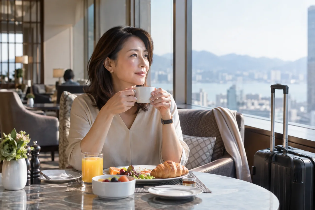 陽子さんがホテルの朝食を楽しむ
