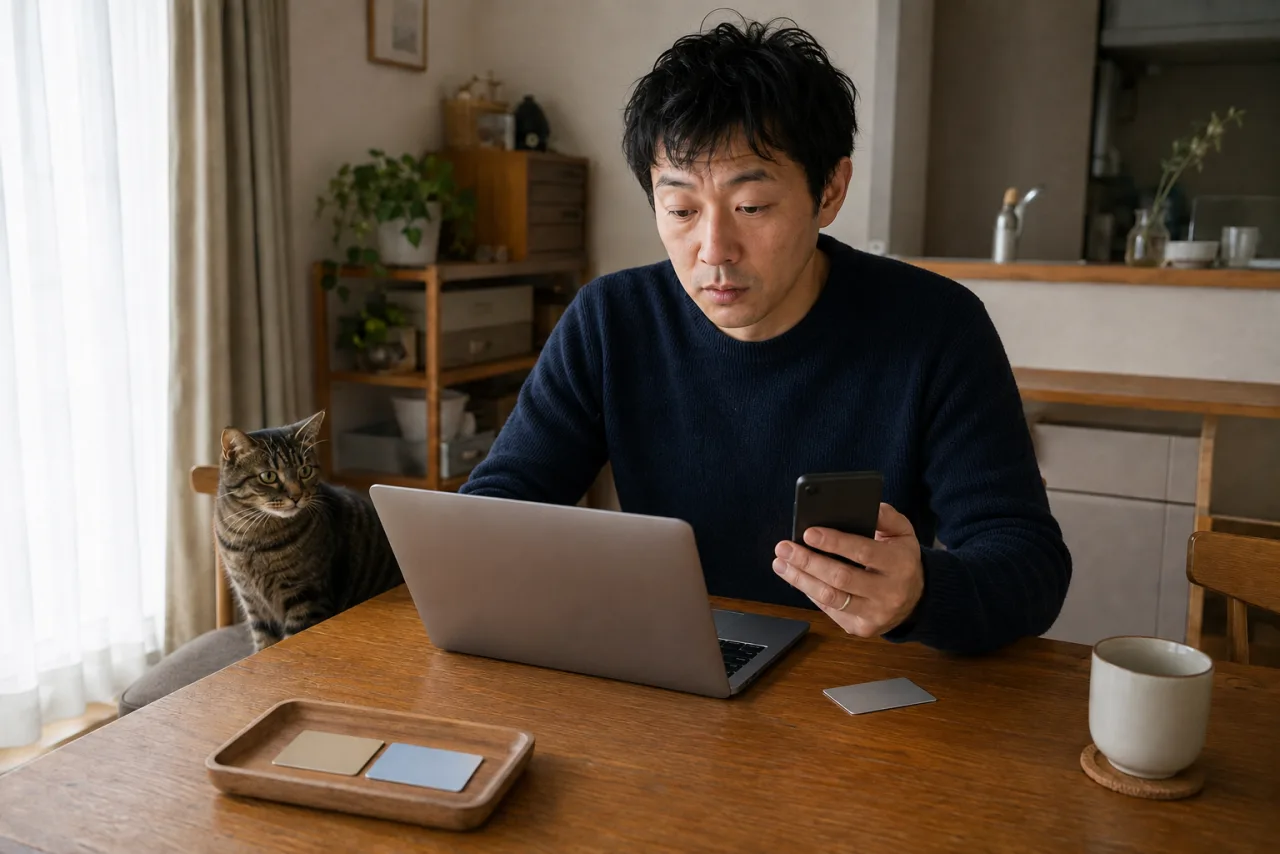 継続課金を移し、一枚を手元に残して二枚をトレーへ分ける裕介さん