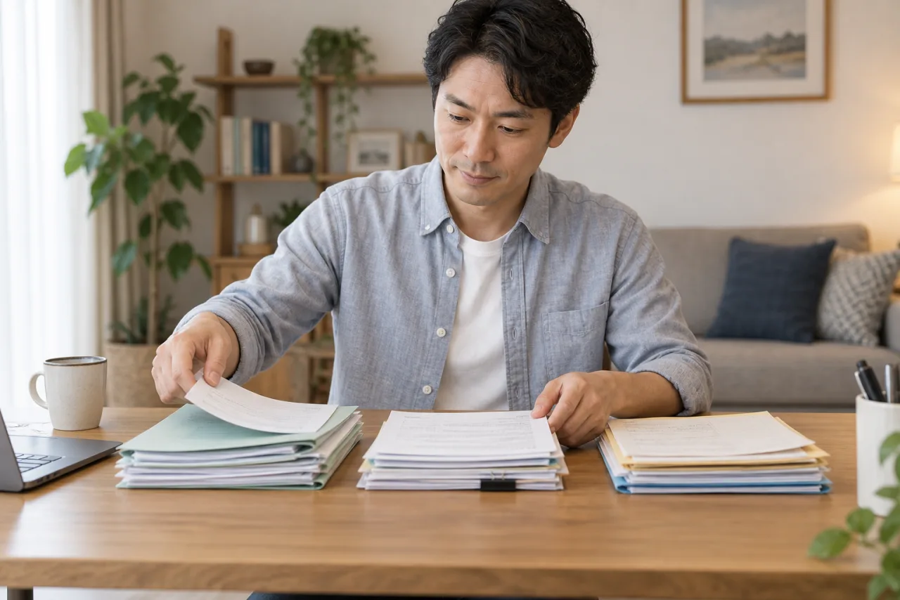 年金記録と相談資料を三つに分ける裕介さん