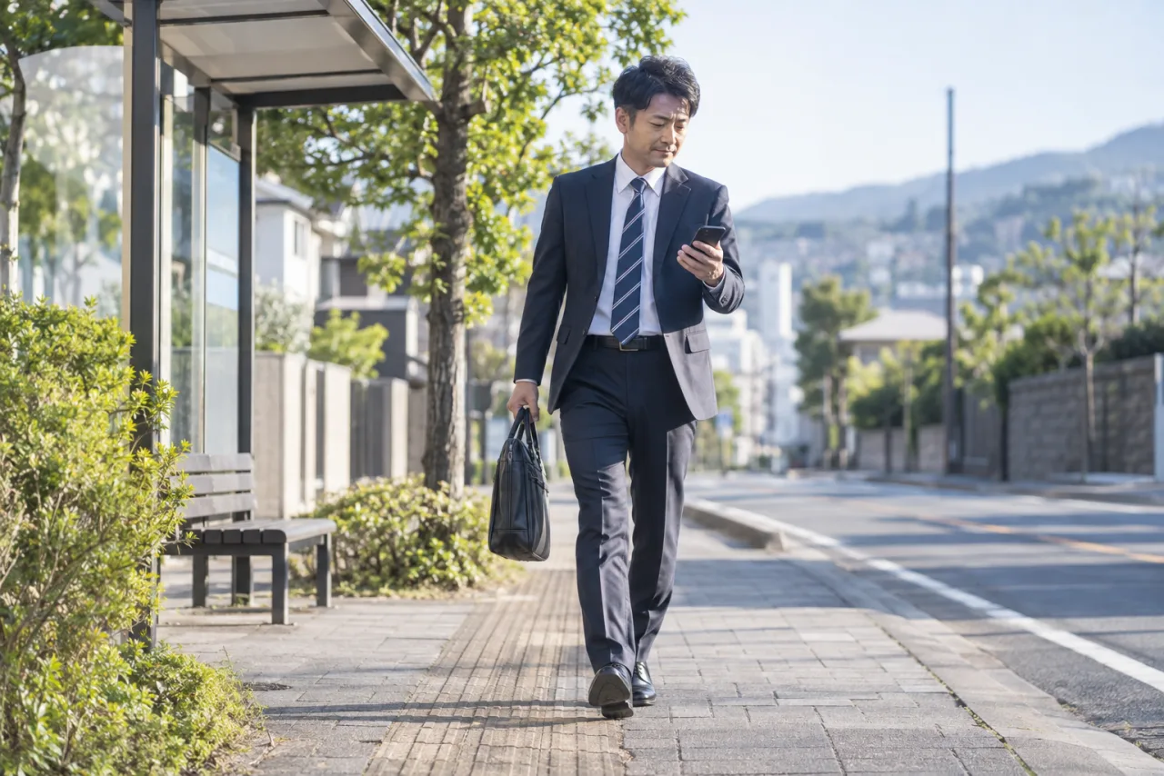 仕事帰りに一停留所手前で歩く裕介さん