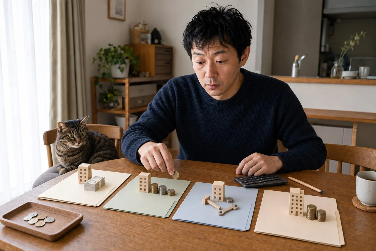購入から売却まで四段階の収支を机に並べる裕介さん