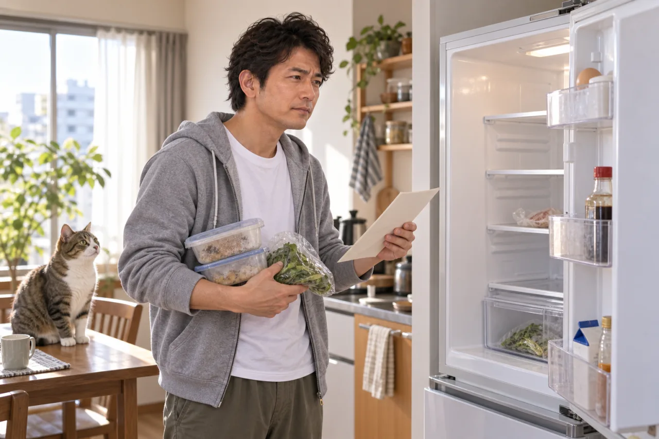 出張明けの冷蔵庫を開き、残った作り置きと献立の紙を見る裕介さん