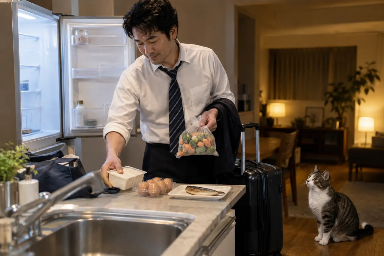 出張明けに冷蔵庫へ食材を戻す裕介さん