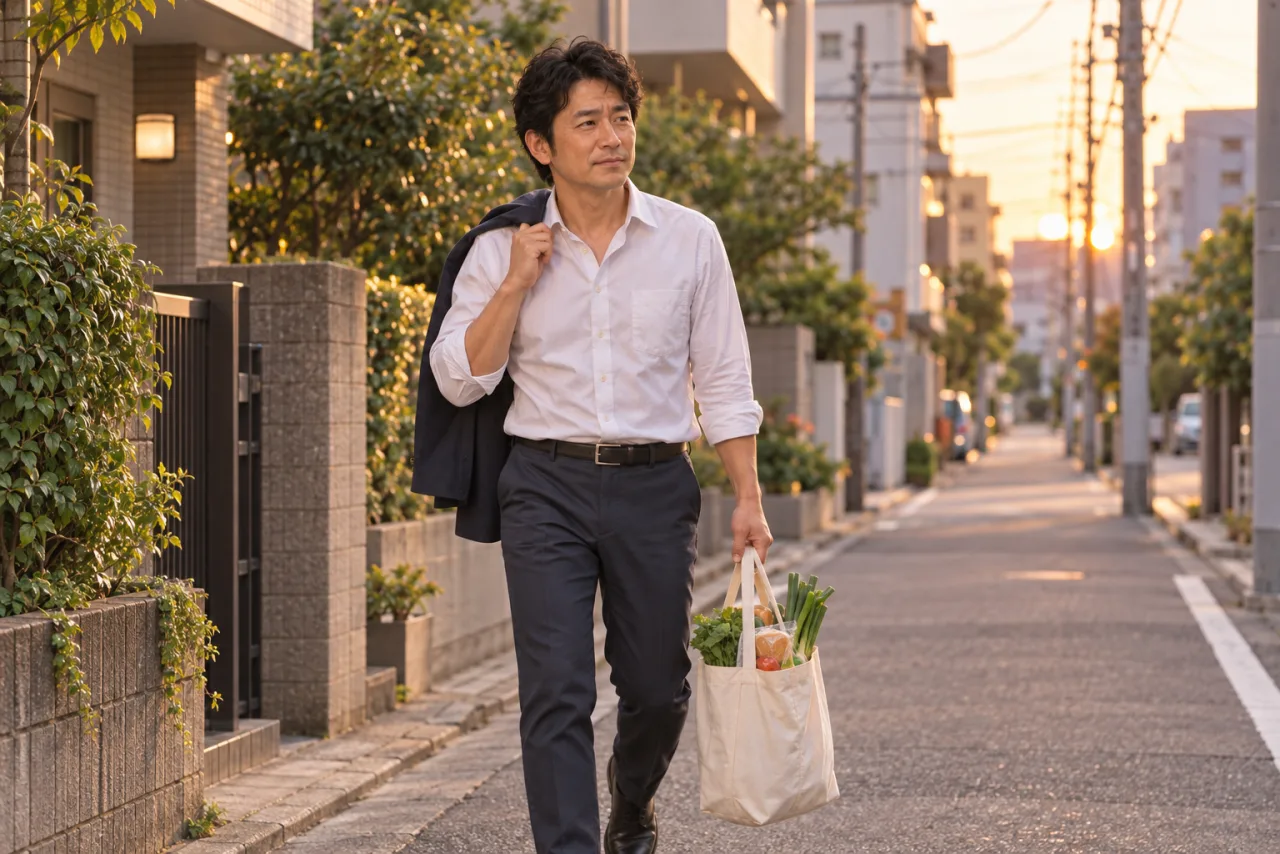 仕事帰りに食材を持って住宅街を歩く裕介さん