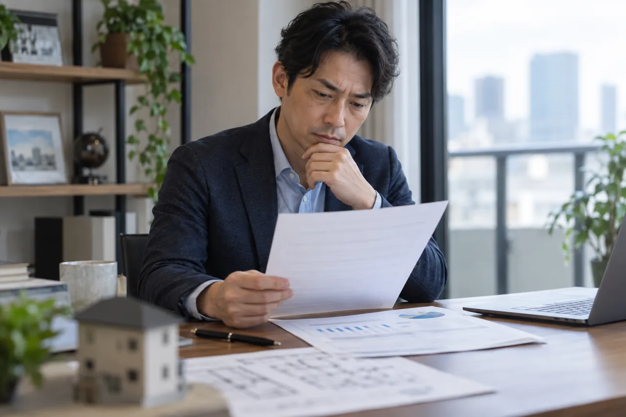 家賃保証と維持費の契約条件を確認する裕介さん
