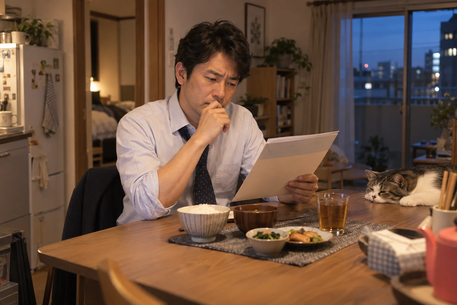夕食前の食卓で健康診断の結果を読む裕介さん