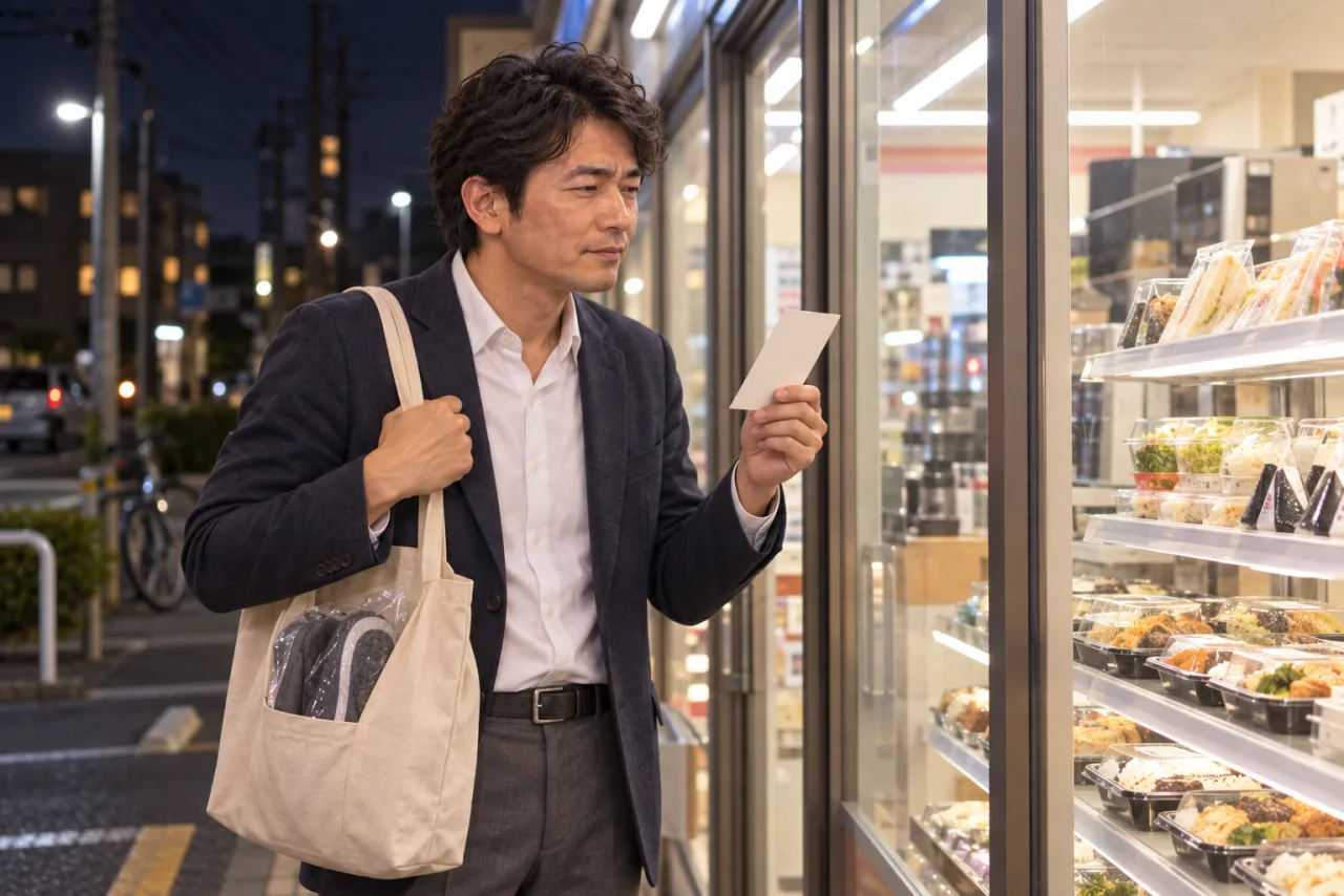 遅い仕事帰りに歩く靴を持ち、コンビニの食事を選ぶ裕介さん