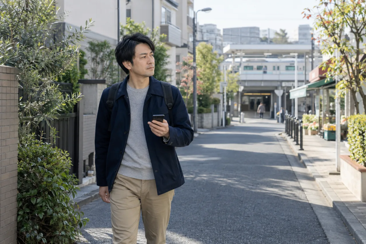物件周辺を歩いて貸す場所を確かめる裕介さん