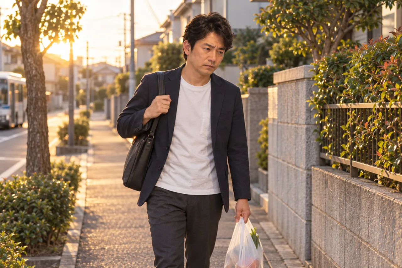 仕事帰りに一停留所手前で降り、買い物袋を持って歩く裕介さん